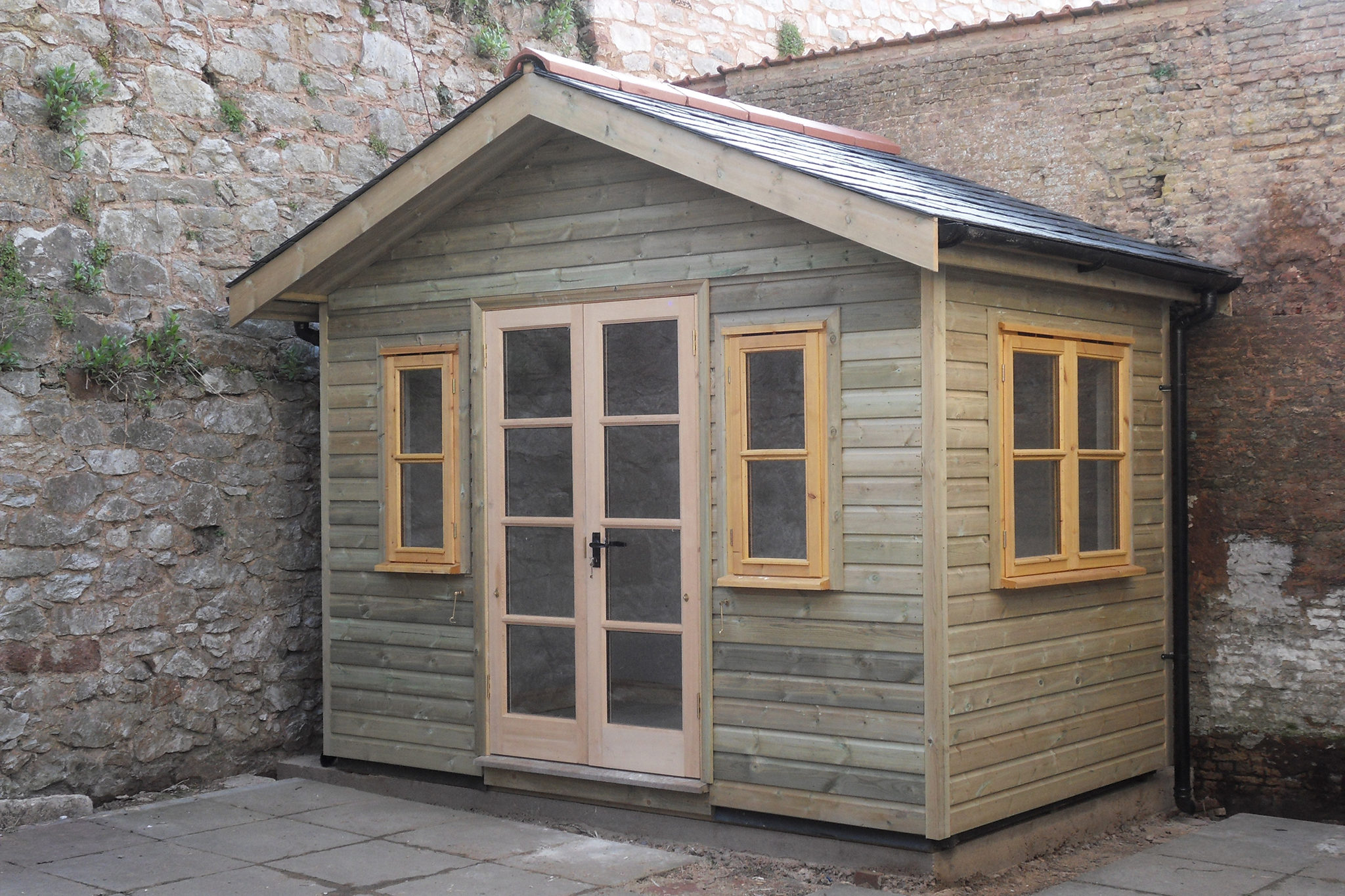 Fabulous for your Courtyard: Shiplap clad Office, with joinery windows and doors, topped with a natural slate roof - Harris Timber Products